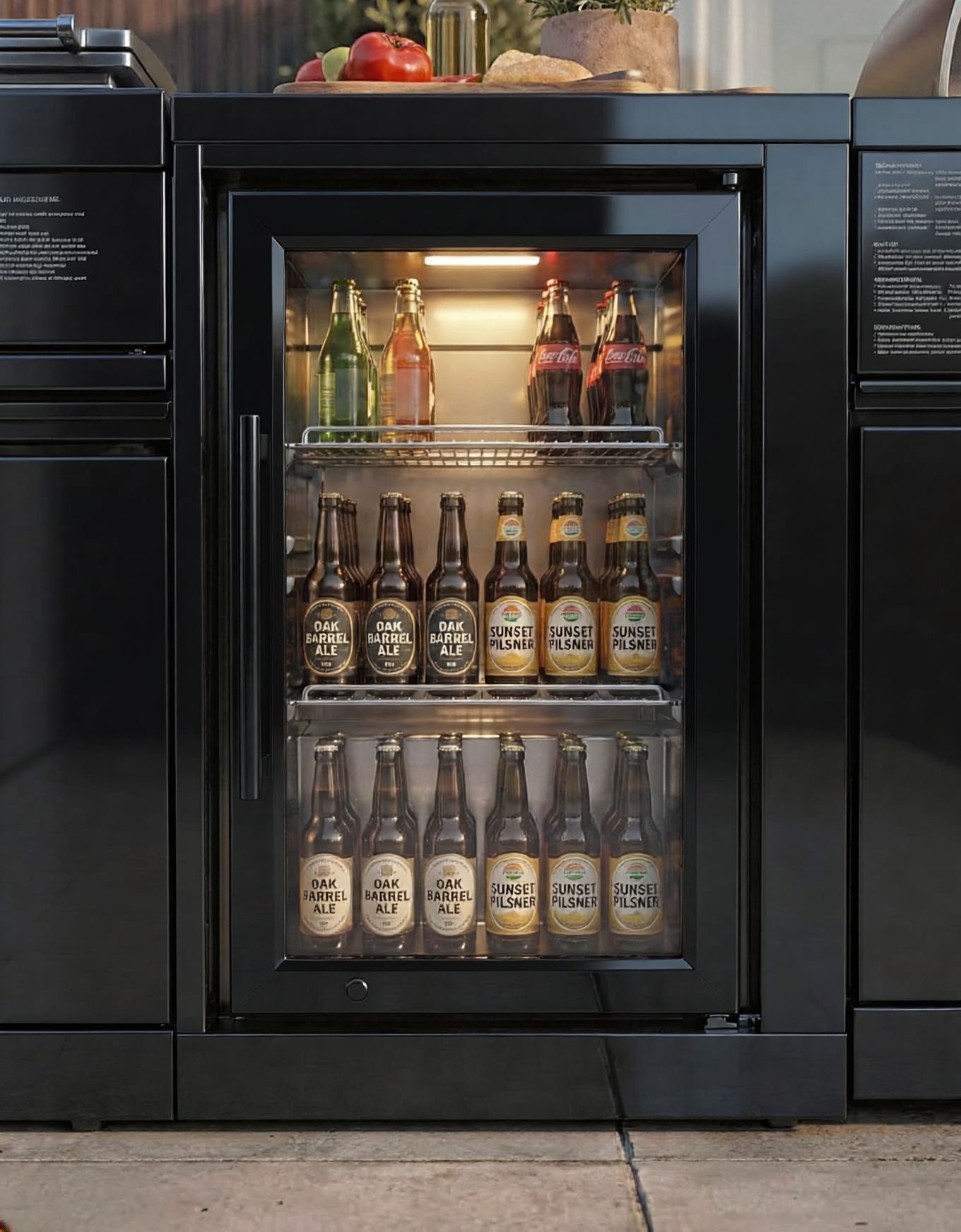 Image of Black outdoor refrigerator with beer bottles inside, set against a kitchen counter.