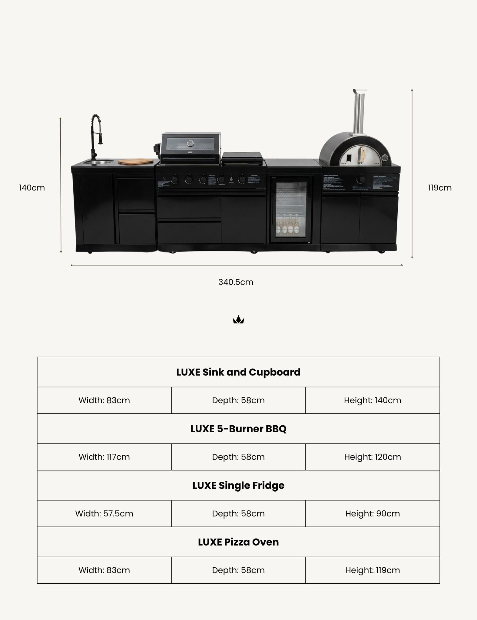 Image of Black kitchen island with measurements and product dimensions on a white background