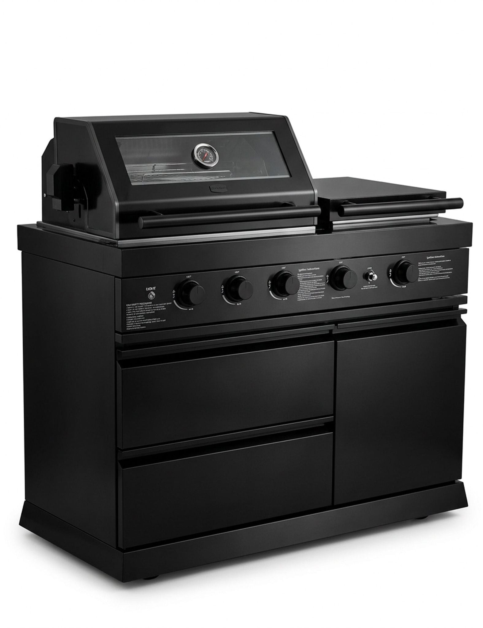 Image of Black gas grill with multiple burners on a white background