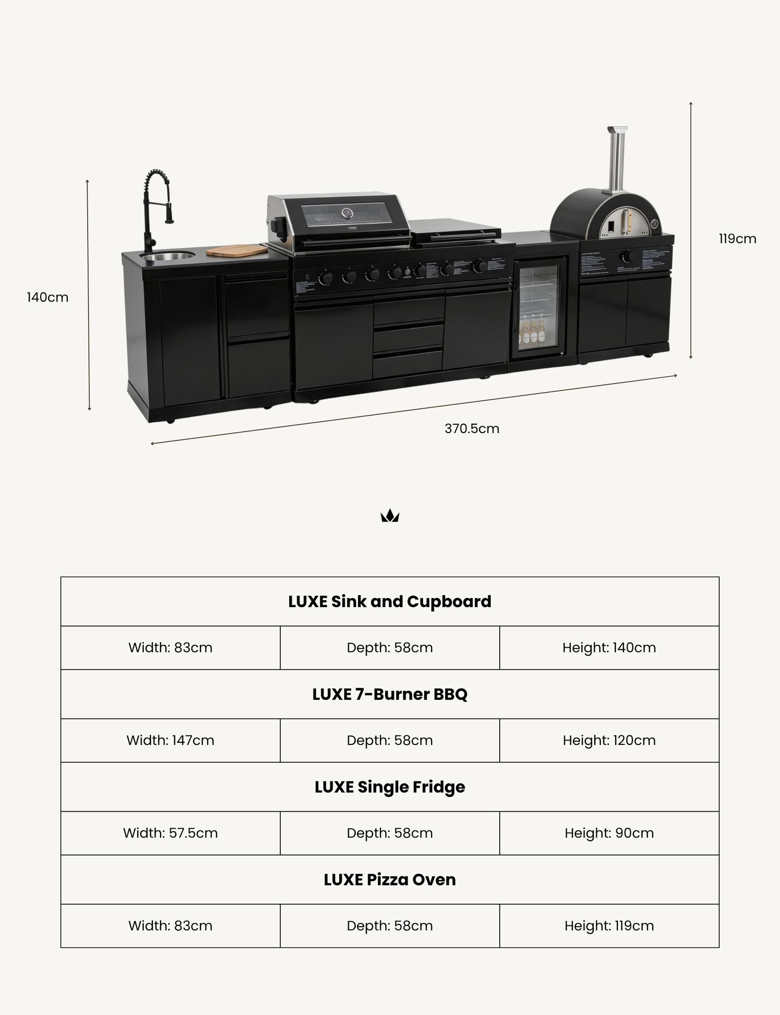 Image of Outdoor kitchen setup with Luxe sink, BBQ, fridge, and pizza oven, including dimensions.
