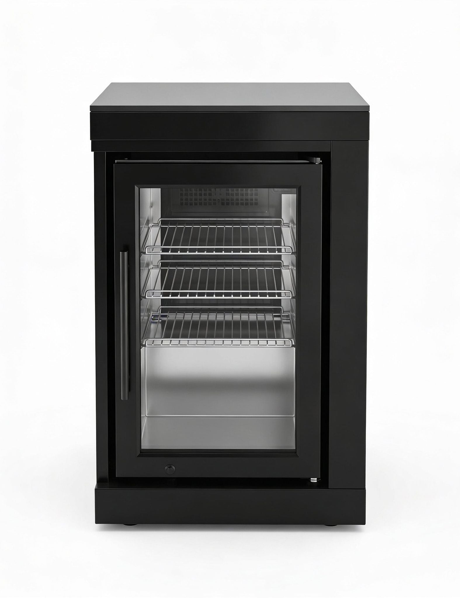 Image of Black refrigerator with glass door on a white background