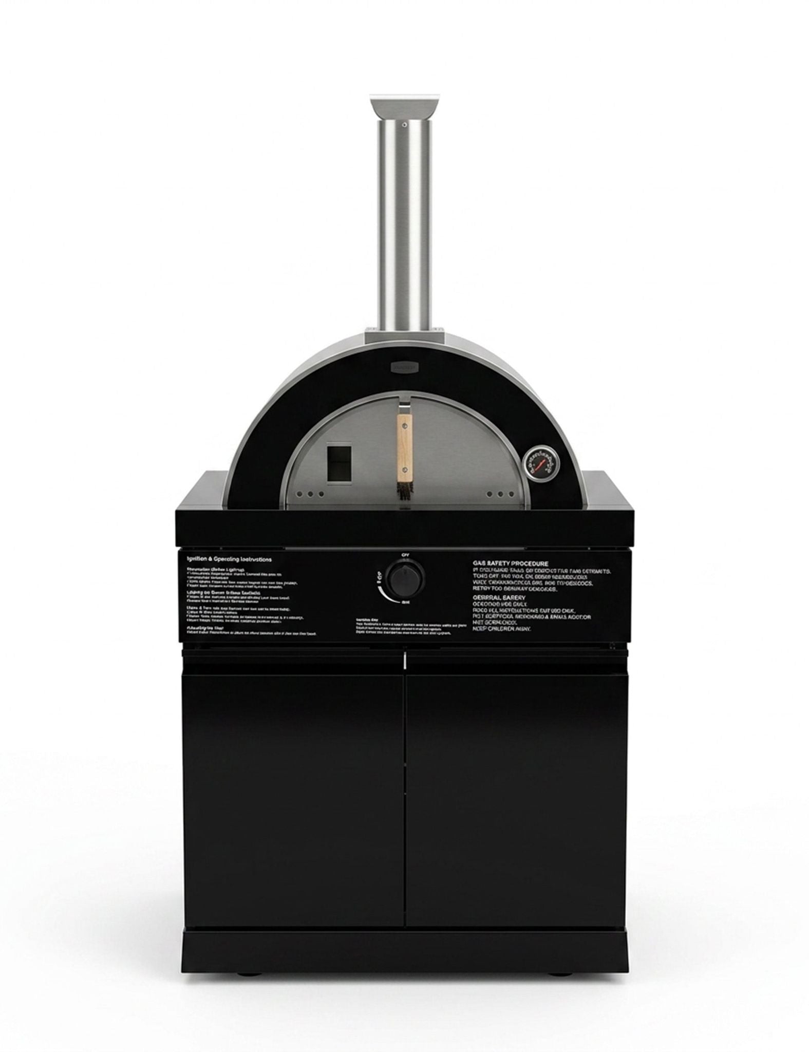 Image of Black outdoor pizza oven with a cylindrical chimney on a white background
