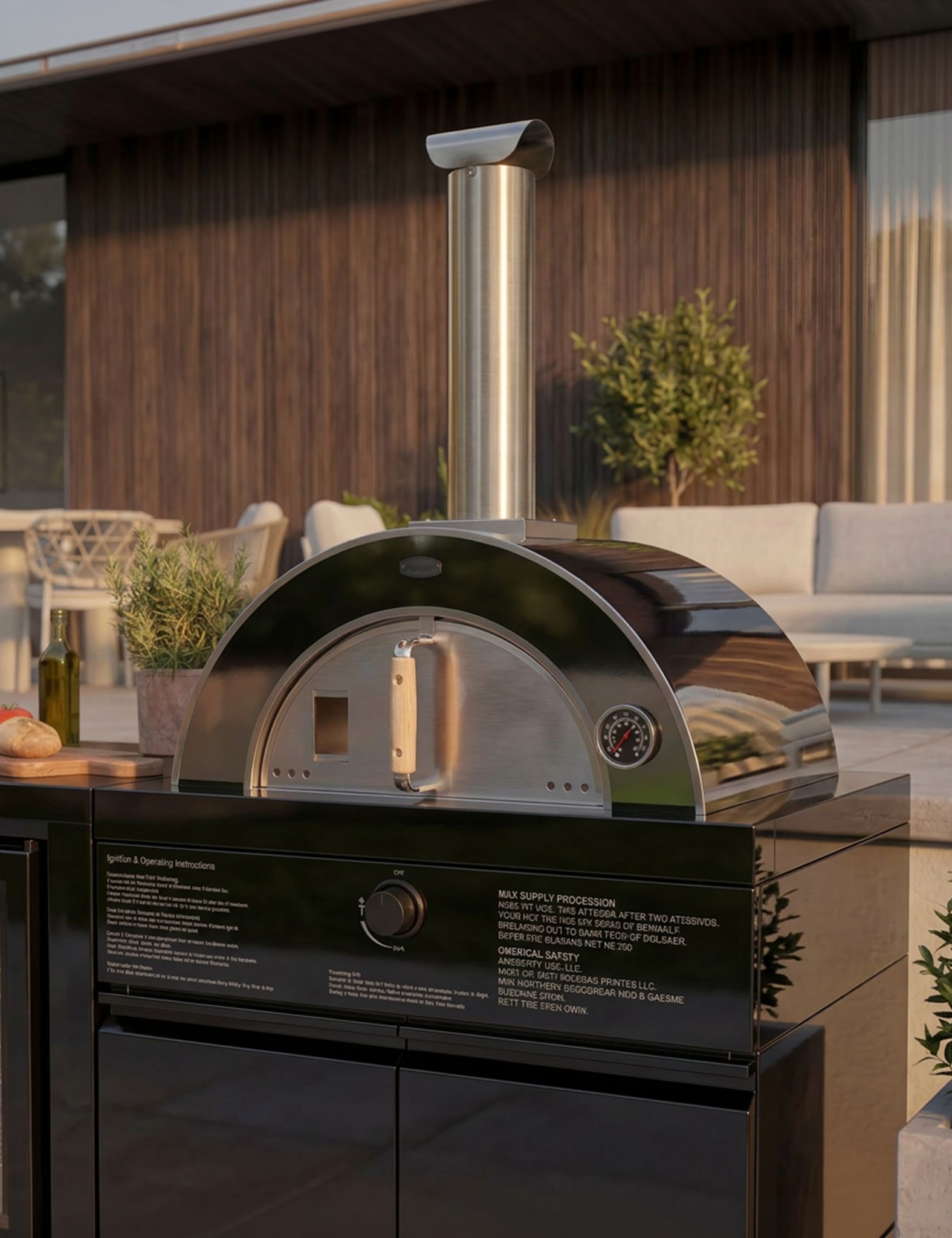 Image of Outdoor pizza oven on a patio with a modern house in the background