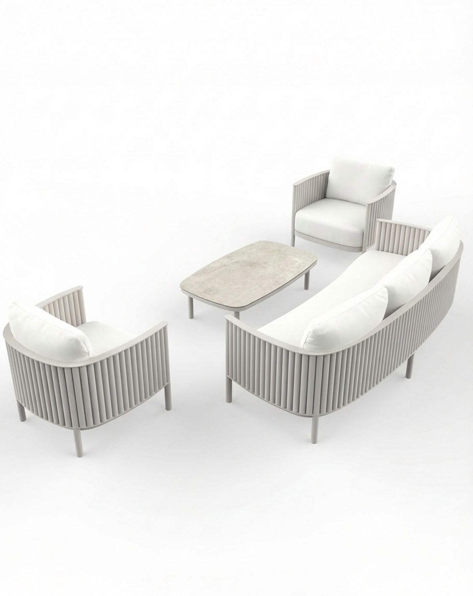 Image of Modern outdoor furniture set with chairs and a table on a white background