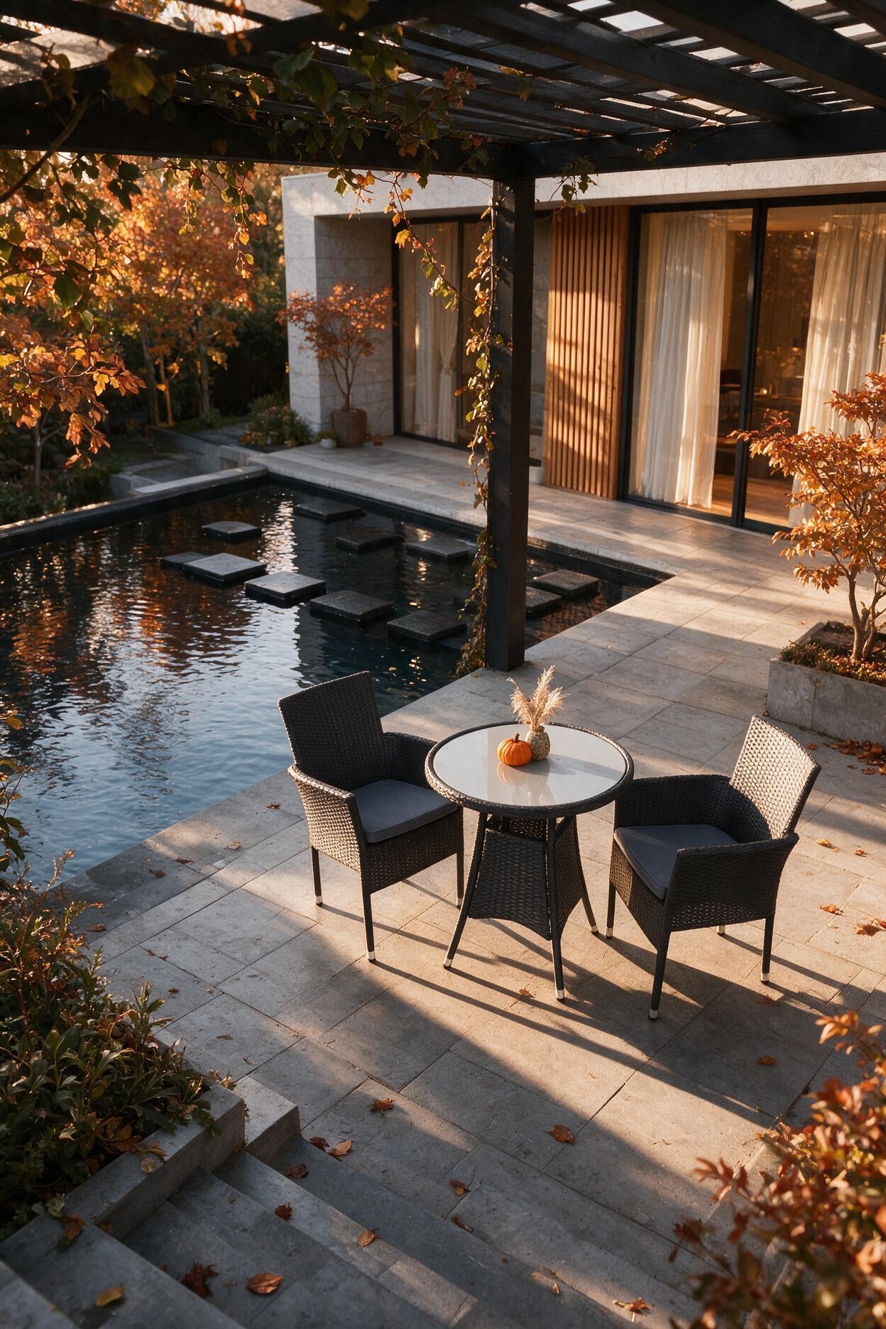 Image of Outdoor patio scene with a small round table and two dark woven chairs beside a pool, under a pergola with autumn foliage and a modern house in the background.