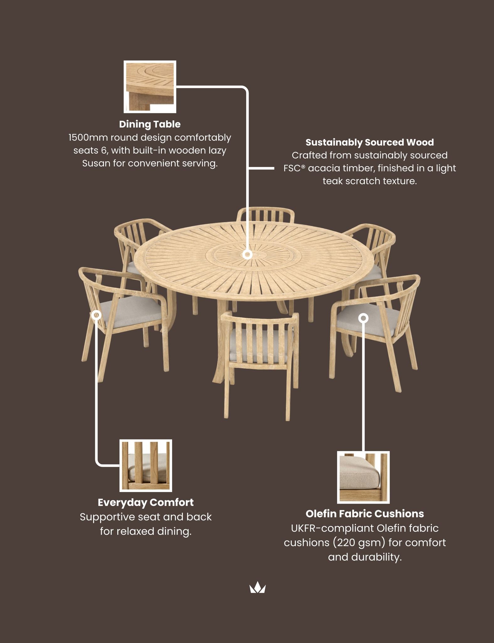 Image of MARIS 6-Seater Round Dining Set with Wooden Lazy Susan