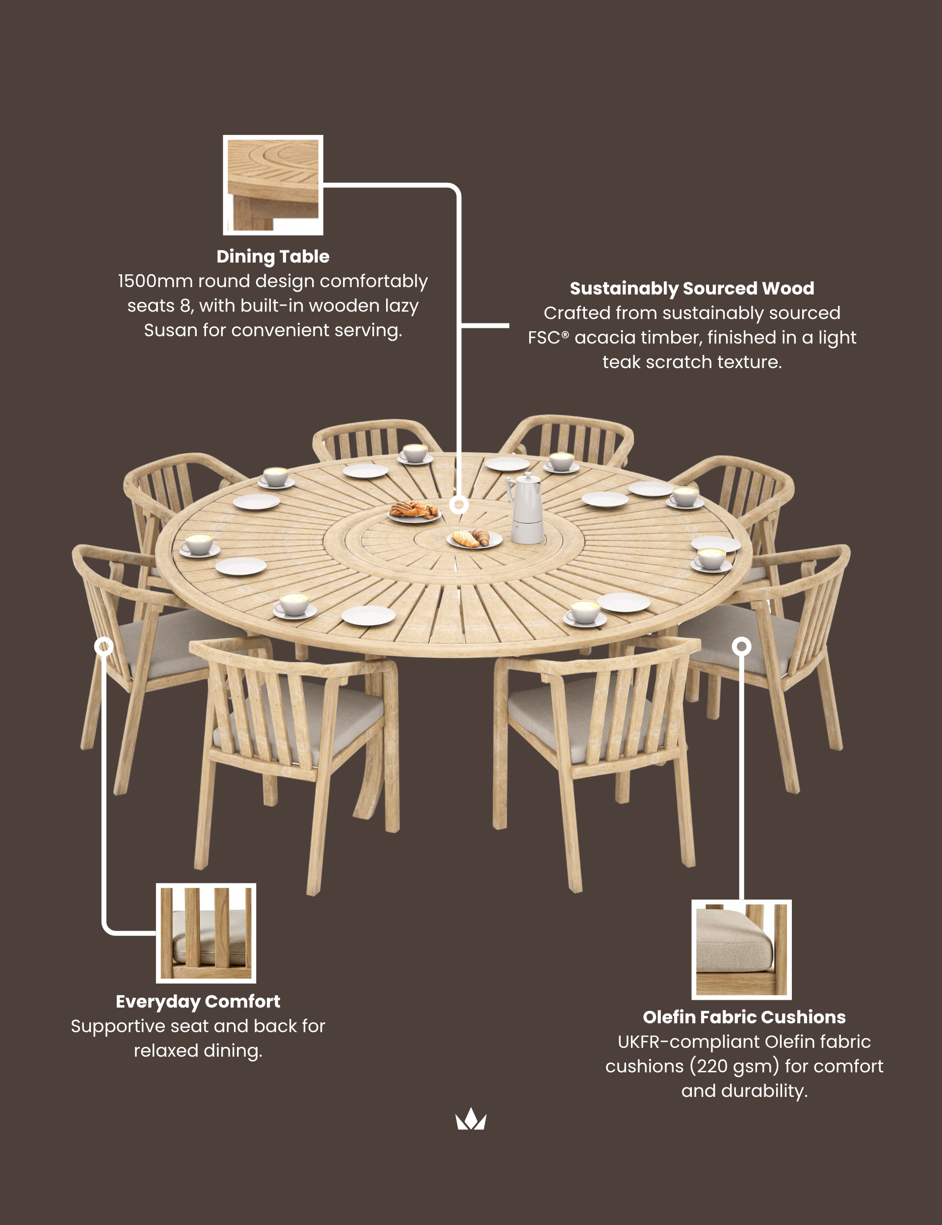 Image of MARIS 8-Seater Round Dining Set with Wooden Lazy Susan