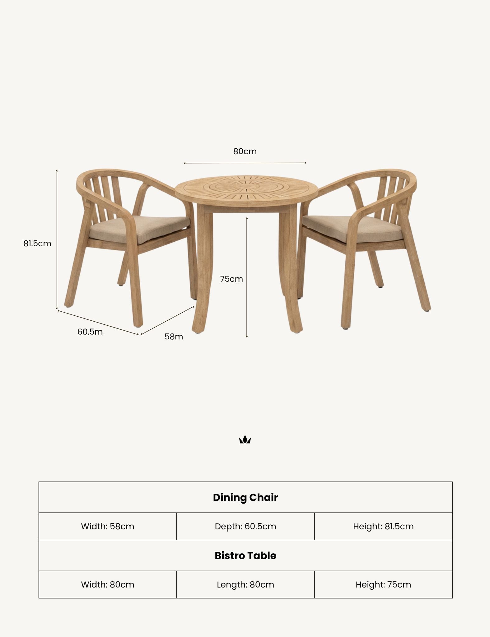 Image of A dining set diagram showing a round bistro table and two matching chairs with dimension labels and a size table below on a light beige background.