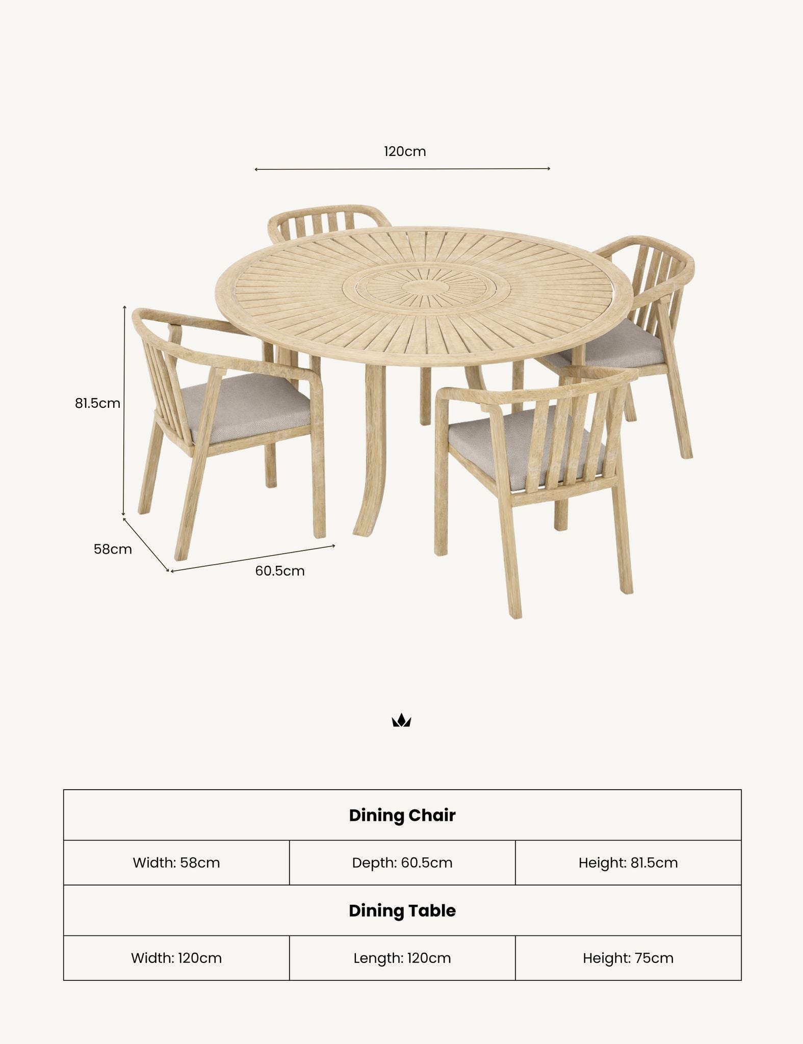 Image of Round dining table with four chairs and dimensions on a white background