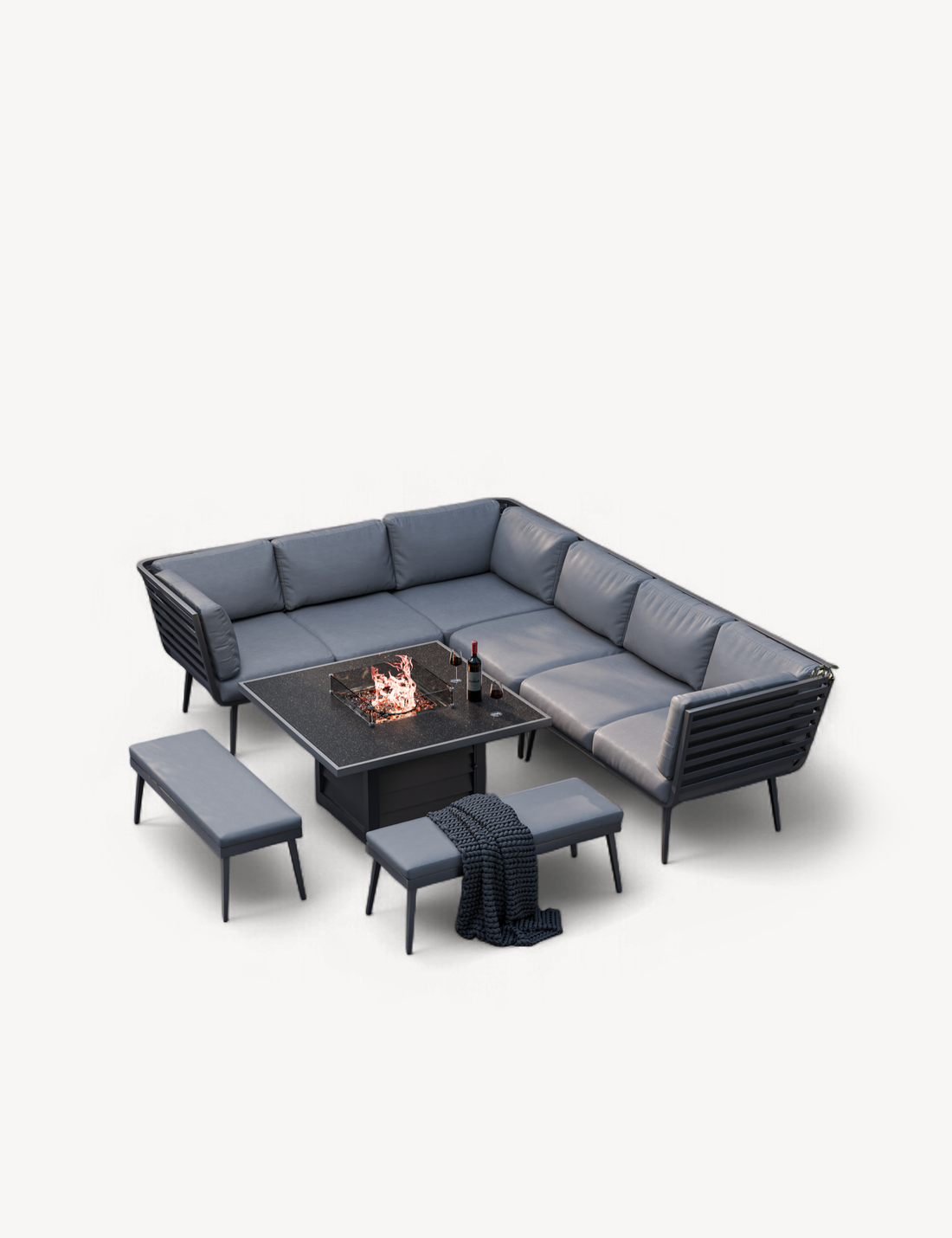 Mayfair Corner Lounging Set with Fire Pit Table and 2 Benches