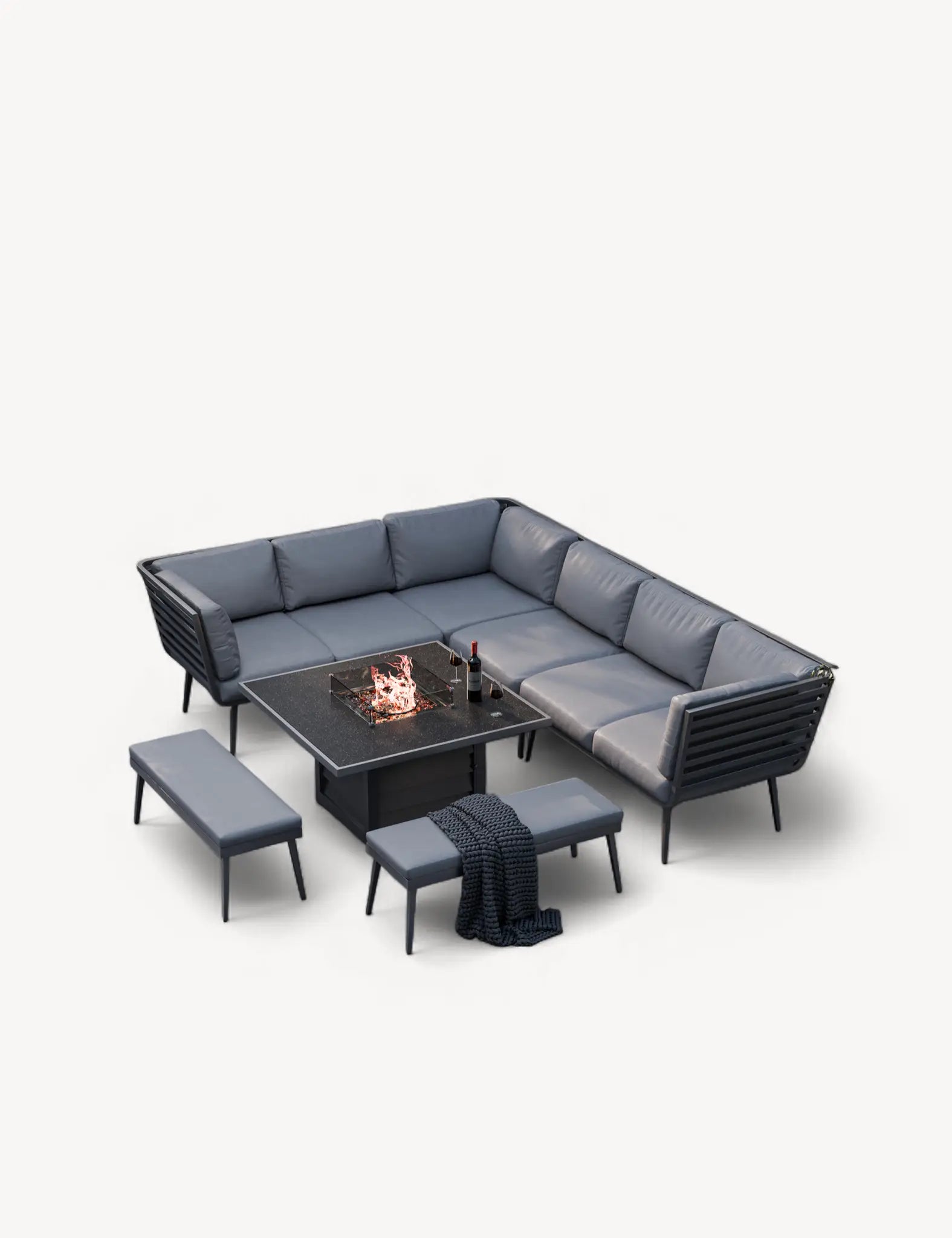 Image of Mayfair Corner Lounging Set with Fire Pit Table and 2 Benches