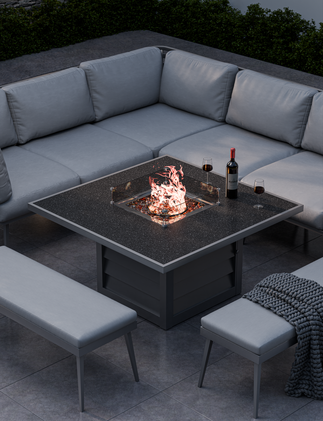 Mayfair Corner Lounging Set with Fire Pit Table and 2 Benches