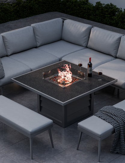 Mayfair Corner Lounging Set with Fire Pit Table and 2 Benches