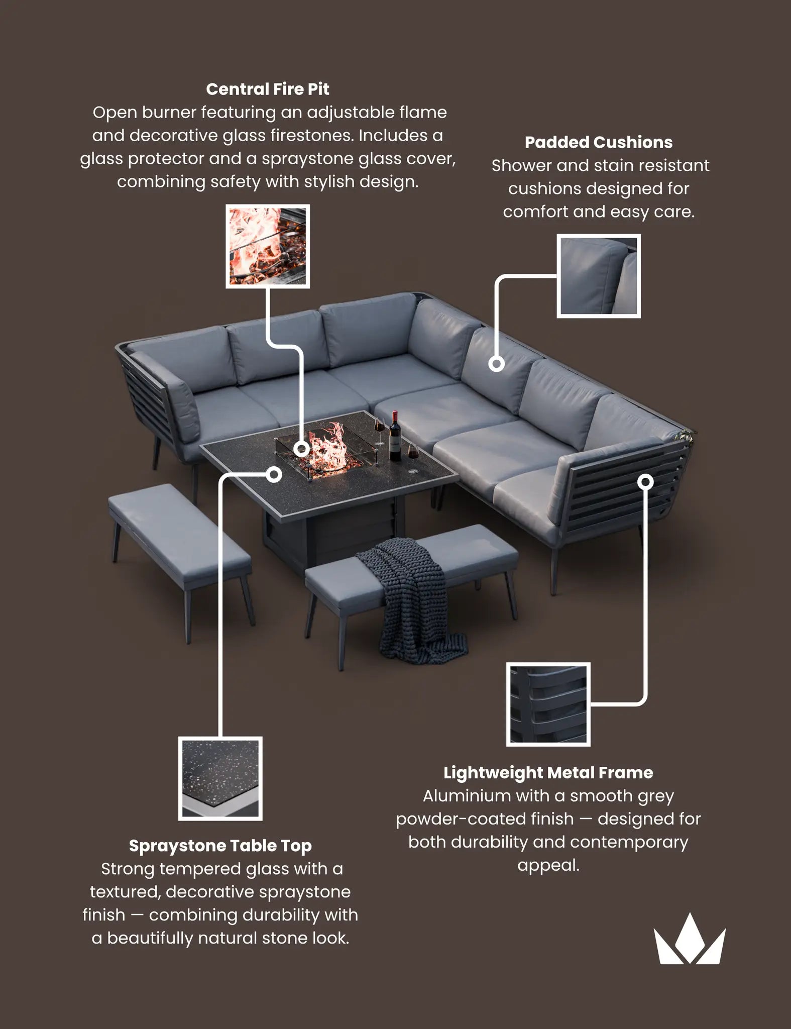 Mayfair Corner Lounging Set with Fire Pit Table and 2 Benches