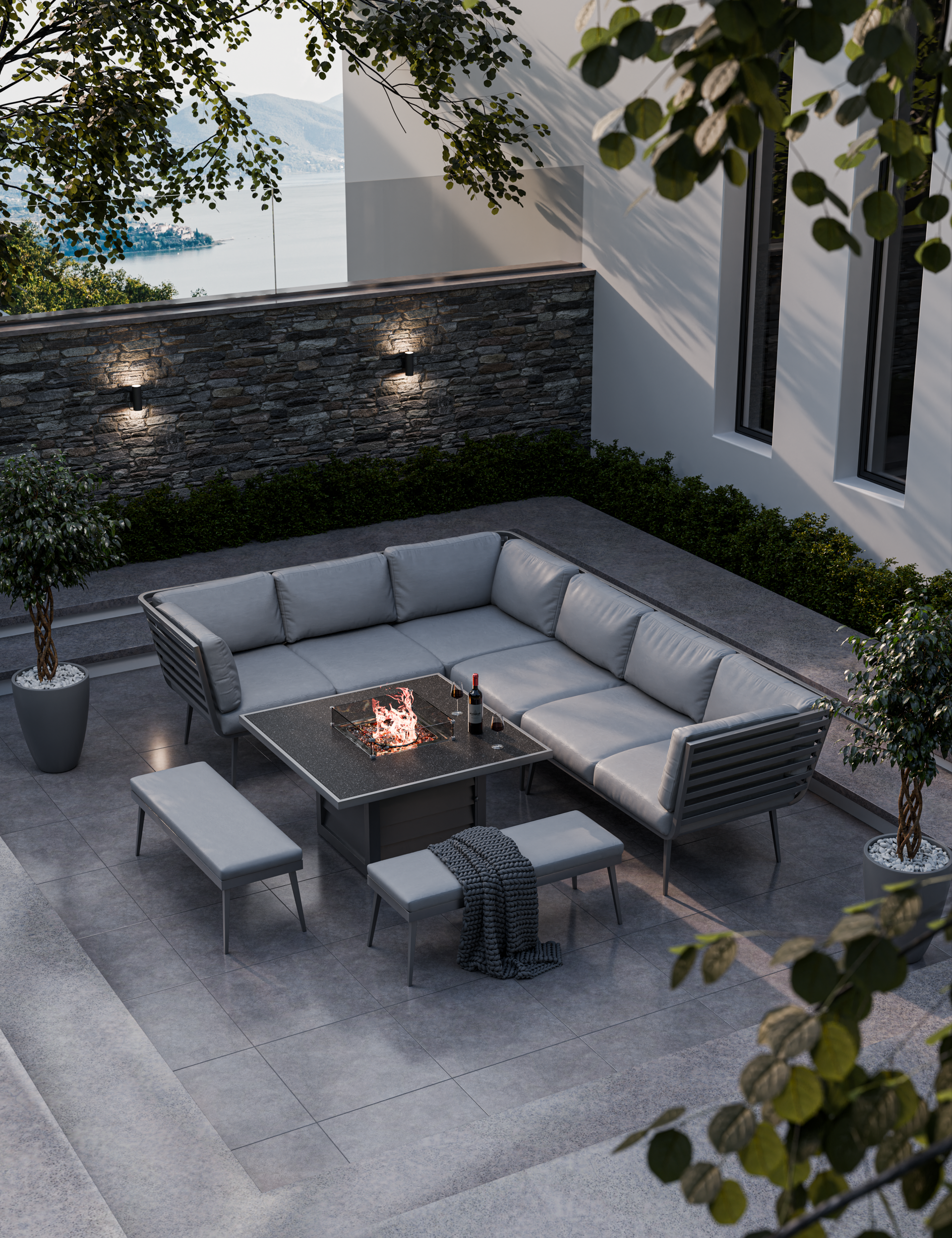 Image of grey fire‚Äö√Ñ√´pit lounge set with sectional sofa and benches