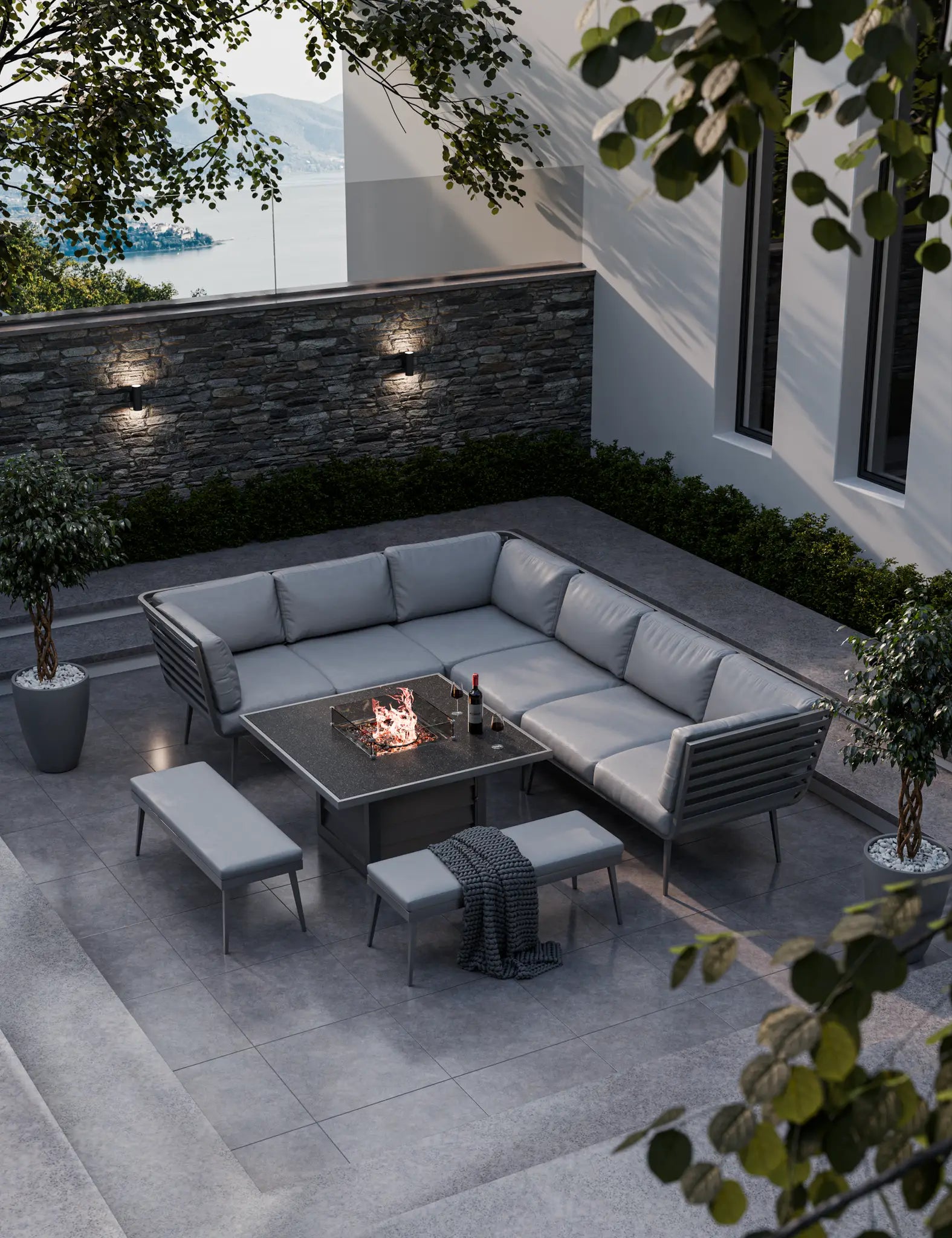 grey fire‚Äö√Ñ√´pit lounge set with sectional sofa and benches