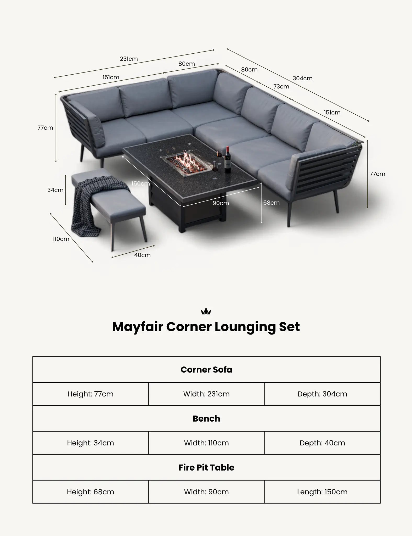 Mayfair Corner Lounging Set with Fire Pit Table and 1 Bench