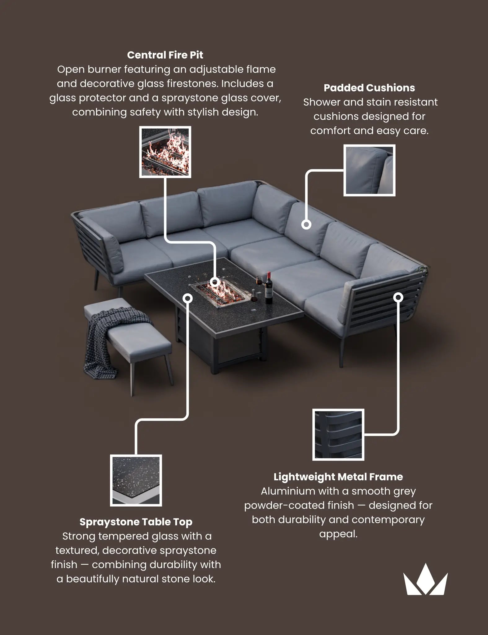 Image of Mayfair Corner Lounging Set with Fire Pit Table and 1 Bench