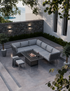 modern grey outdoor fire‚Äëpit lounge setup with sectional sofa and bench