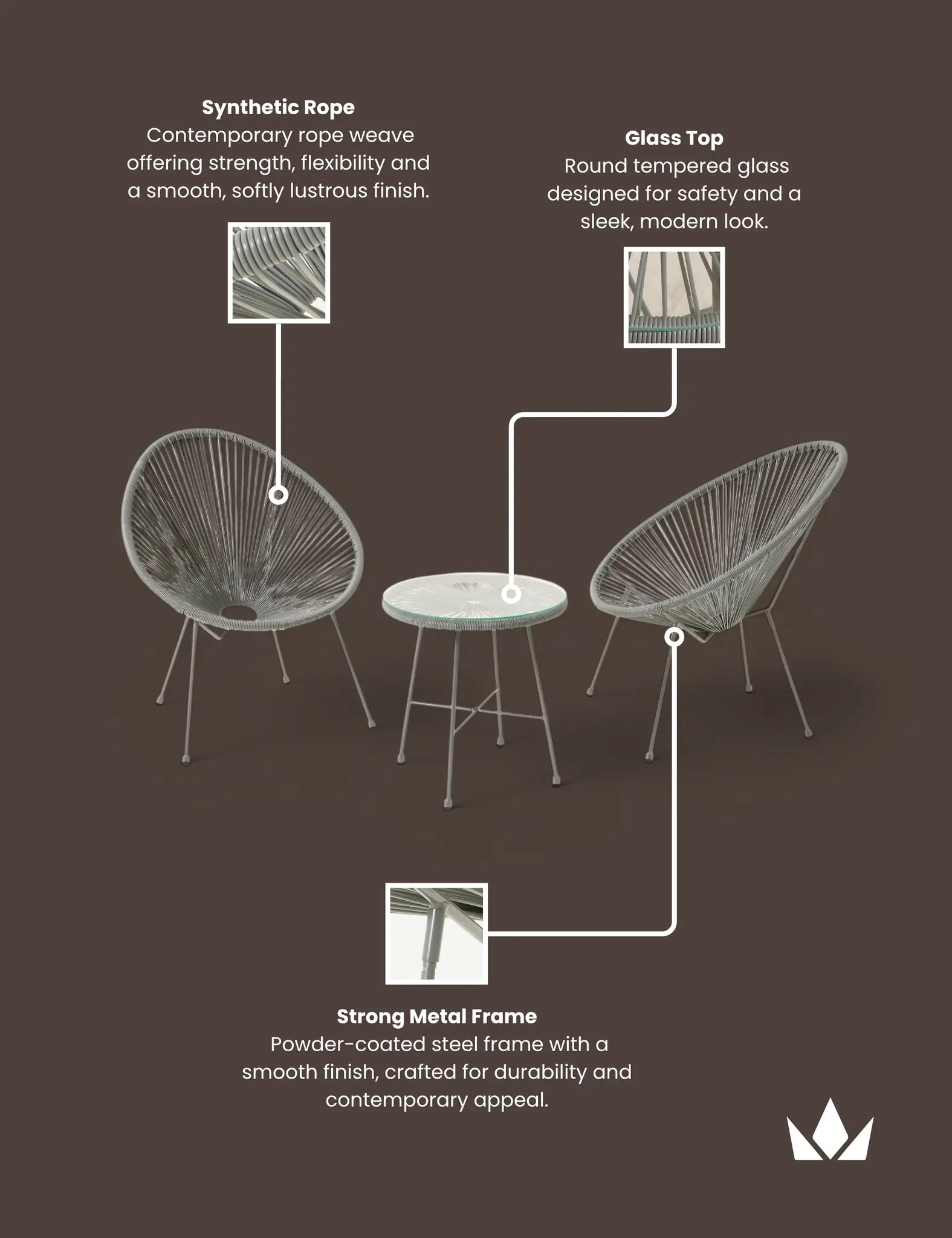 Monaco 2 Seater Egg Chair Bistro Set - Grey