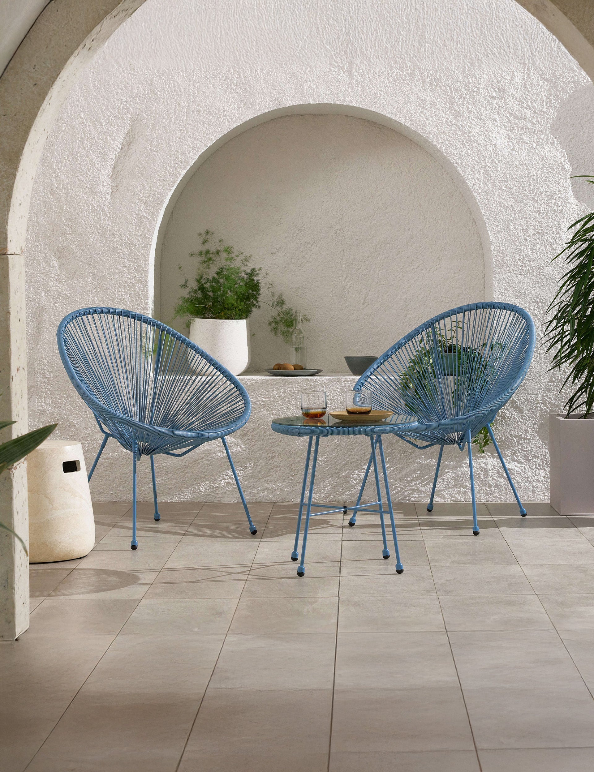 Modern blue outdoor bistro set with two chairs and round table
