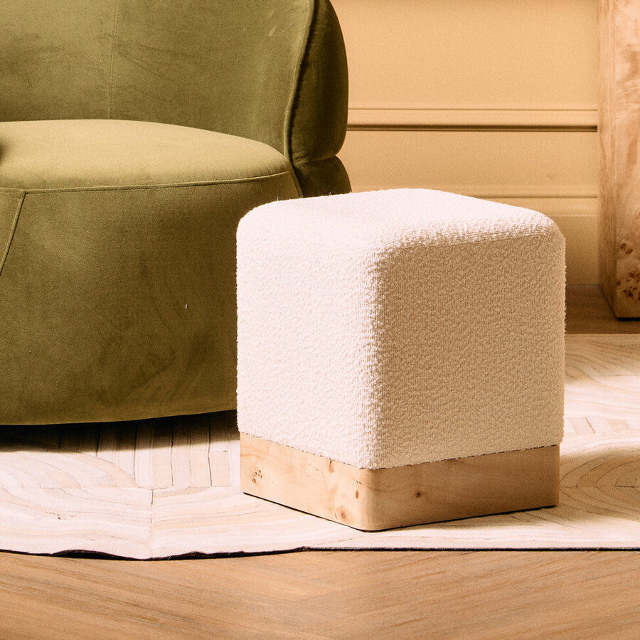 Image of Mota Burl Wood And Cream Boucle Square Stool