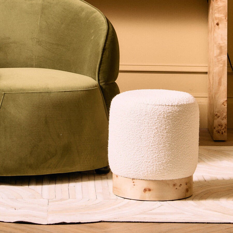 Image of Mota Burl Wood And Cream Boucle Round Stool