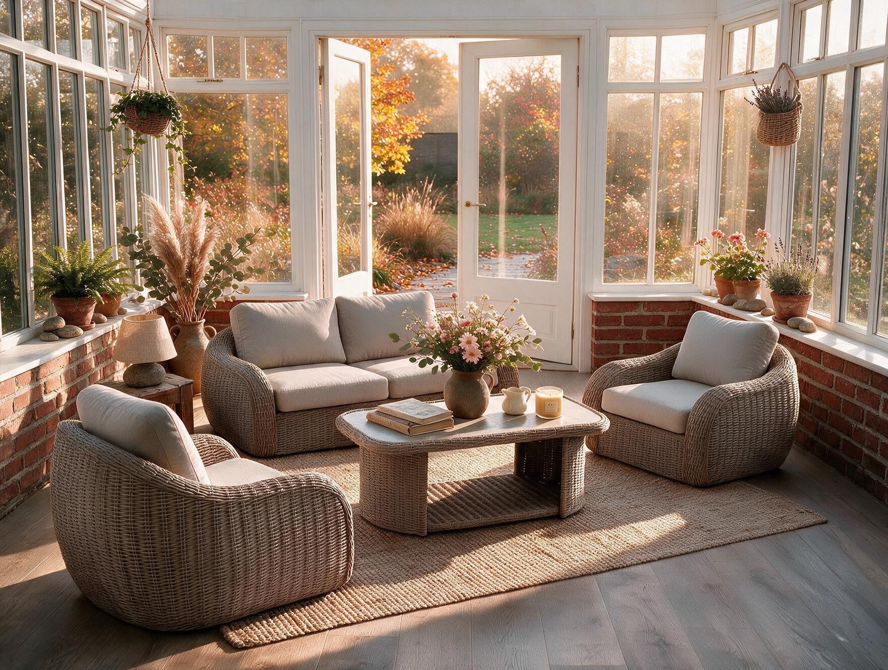 A sunroom-style furnished seating area with a woven wicker loveseat, two matching armchairs, a matching coffee table, and a natural rug, arranged in a bright room with brick walls, potted plants, and large windows looking out onto an autumn garden.