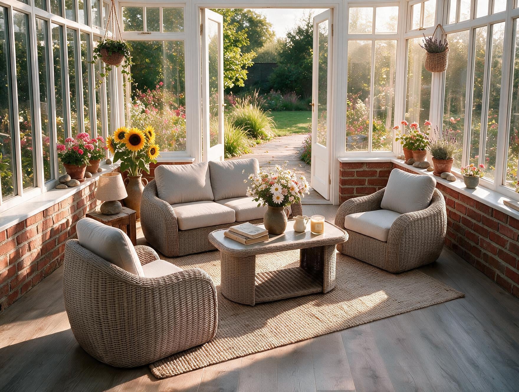 A sunroom-style furnished seating area with three woven wicker armchairs, a matching loveseat, and a small rectangular coffee table, all with light beige cushions. The room has brick walls, large white-framed windows, and an outdoor garden visible beyond open doors.