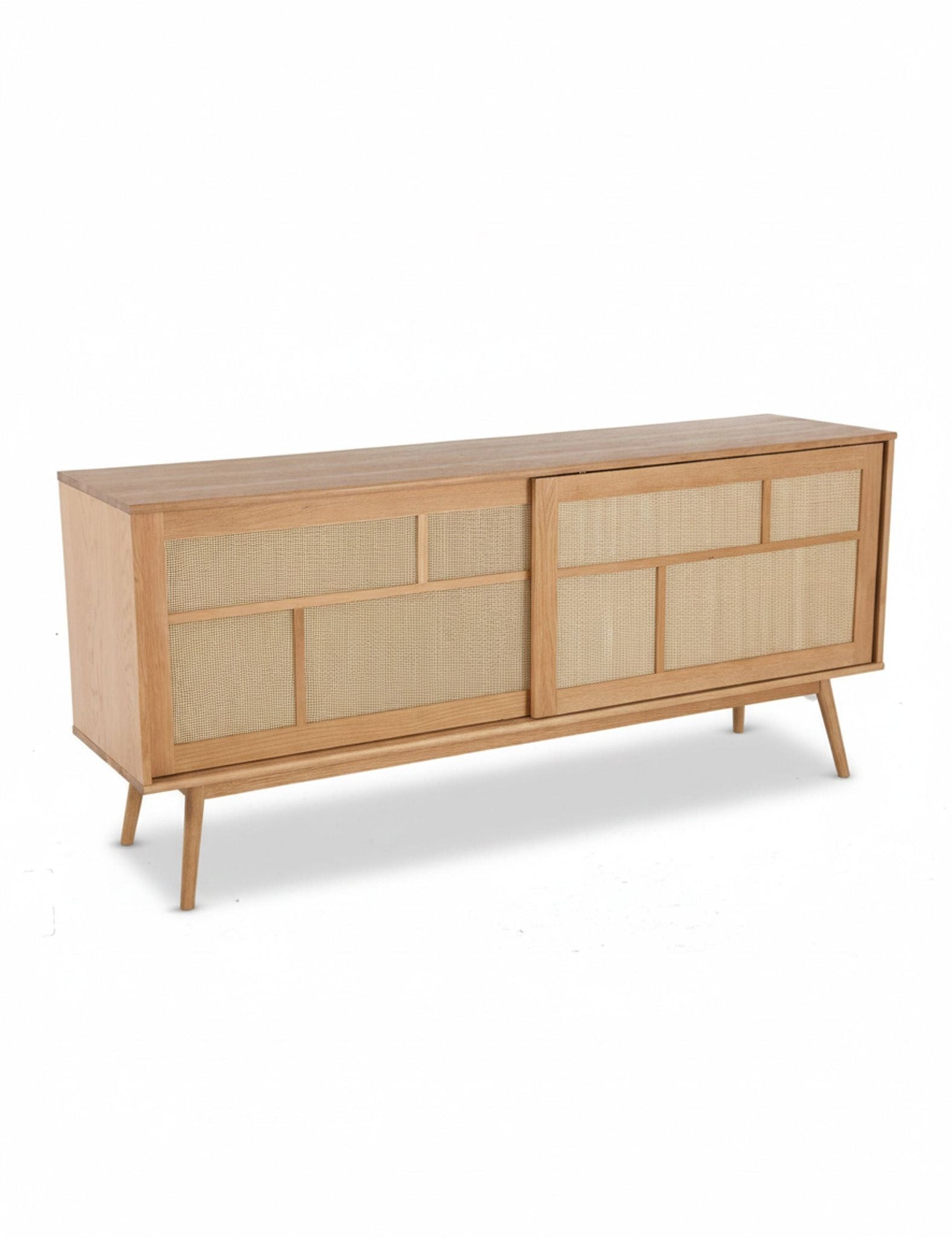 Image of Wooden sideboard with rattan doors on a white background