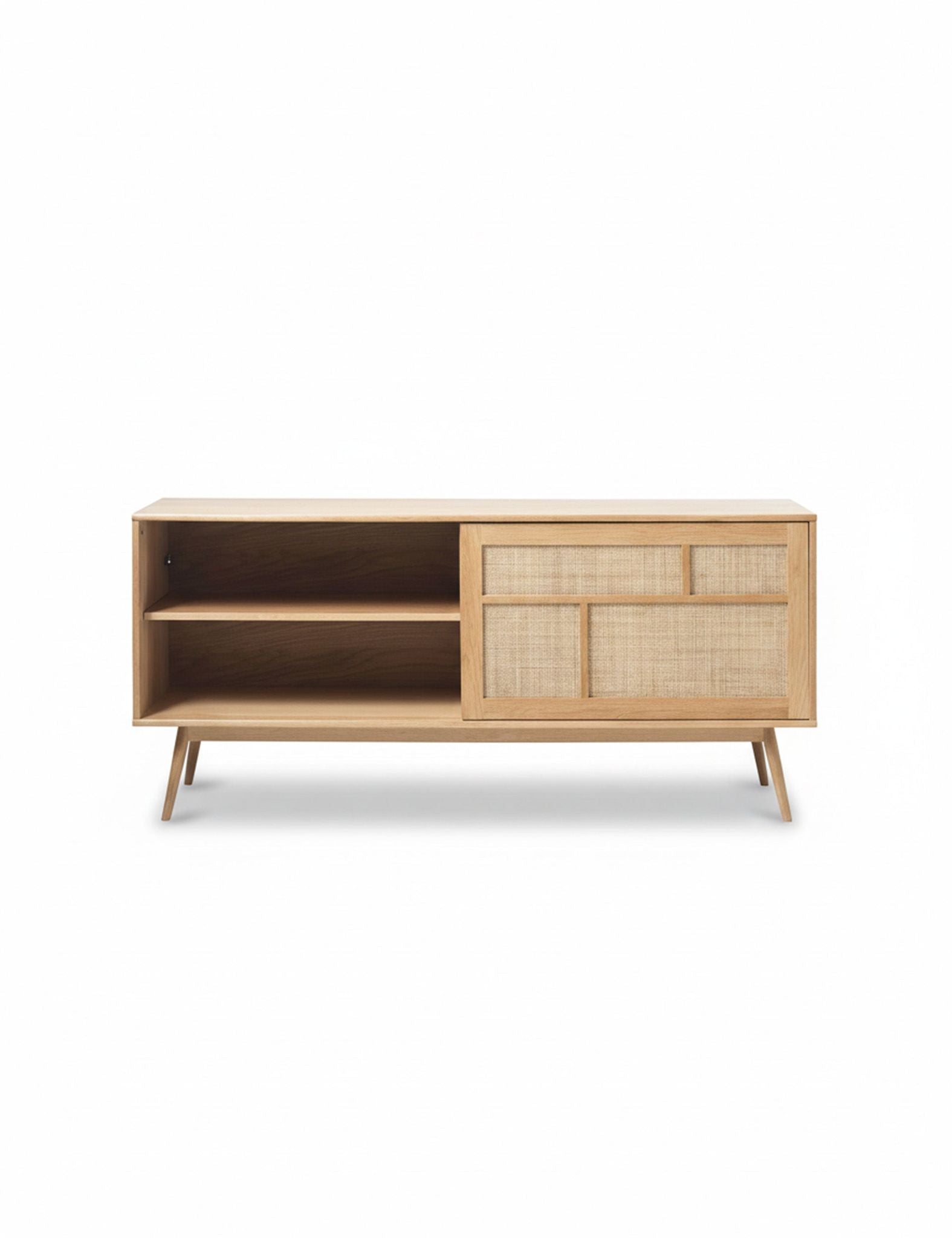 Image of Wooden sideboard with open shelf and closed door on a white background