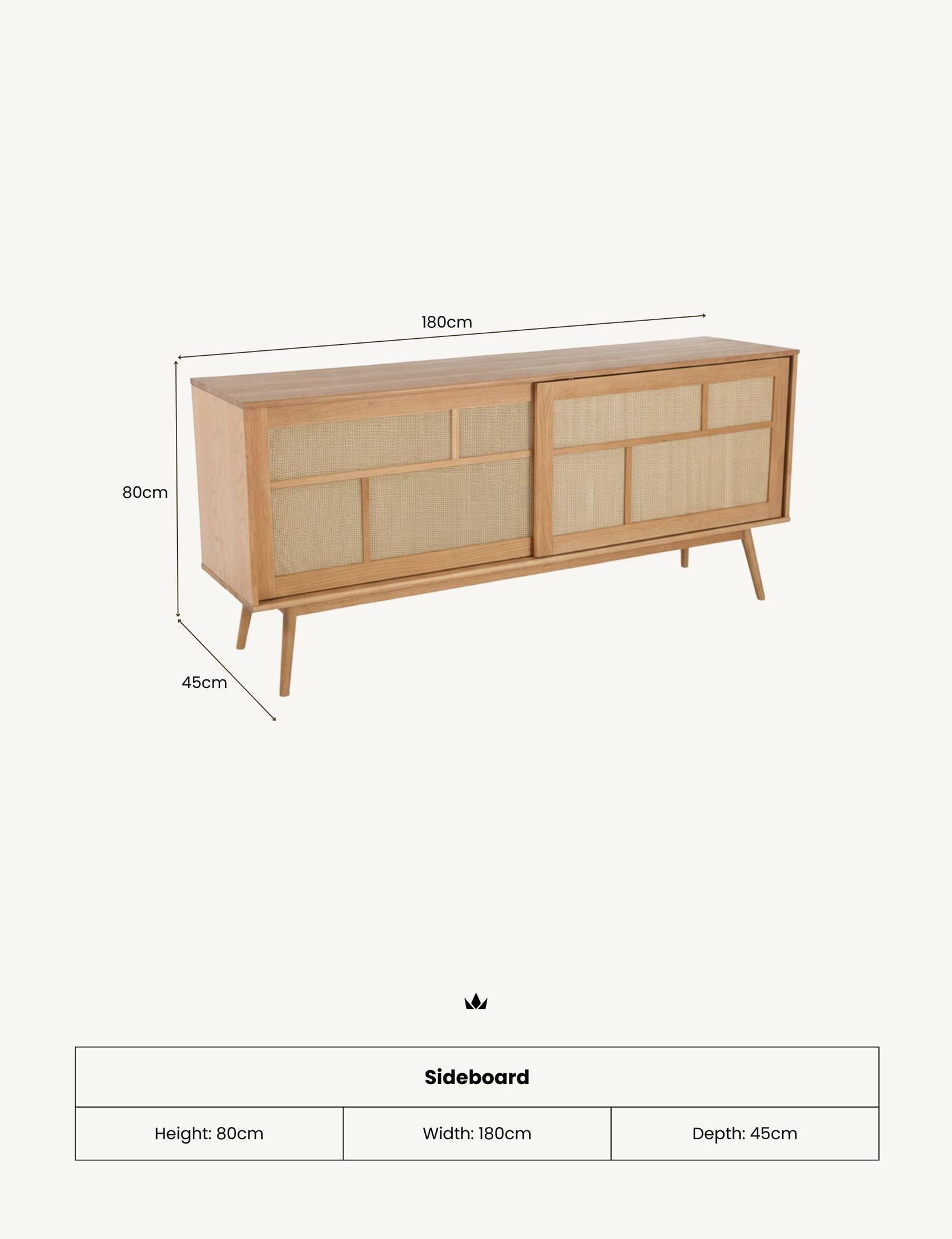 Image of Wooden sideboard with dimensions on a white background