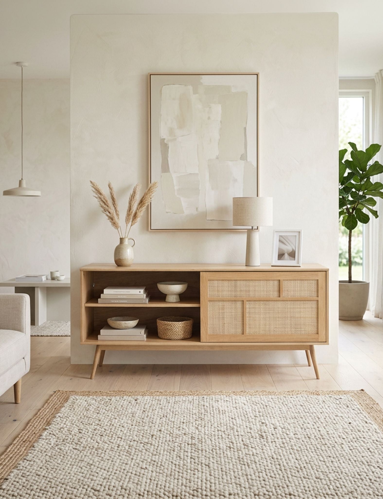 Image of Modern living room with wooden sideboard, abstract art, and decor items.