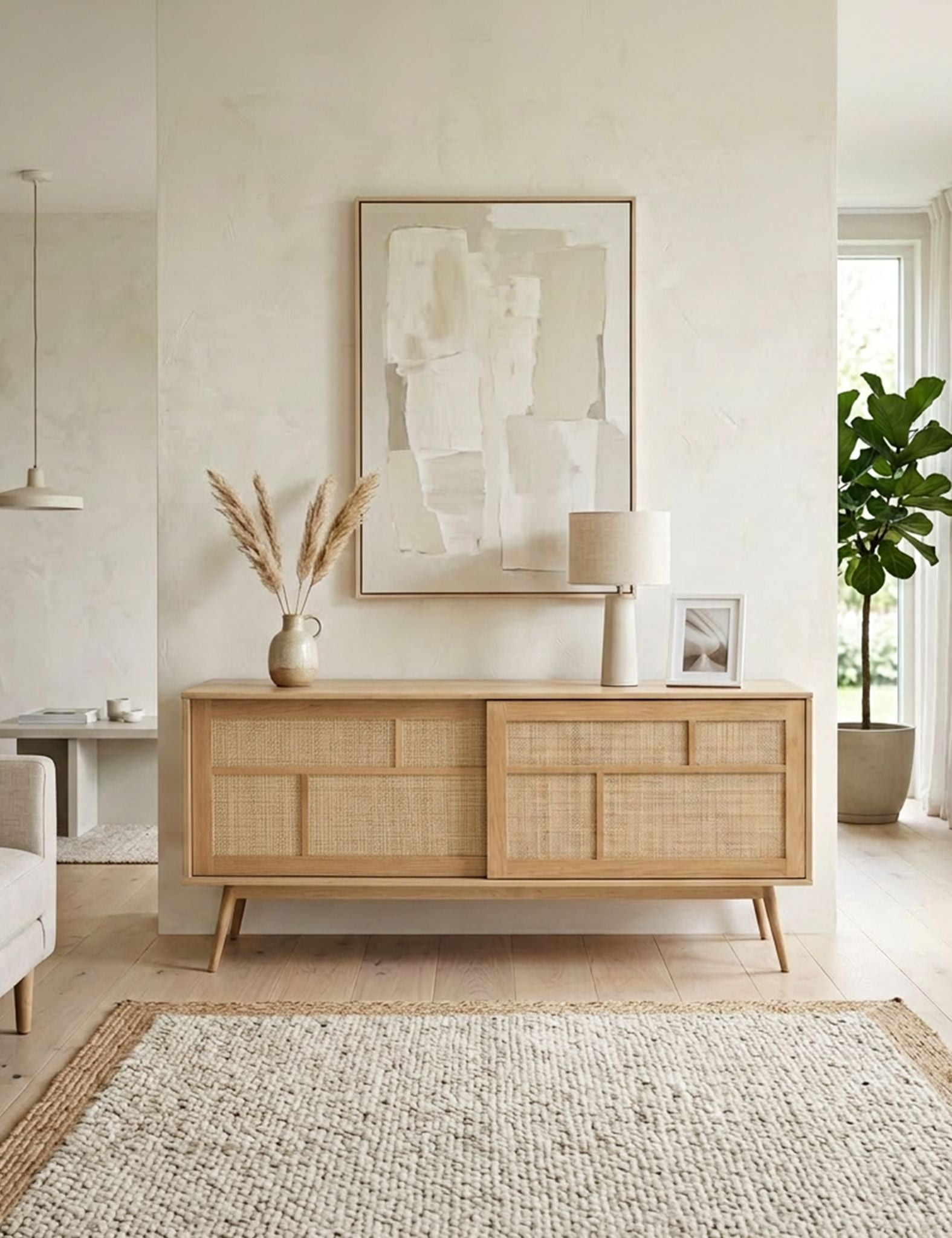 Image of Wooden sideboard in a living room with abstract art, lamp, and plant.