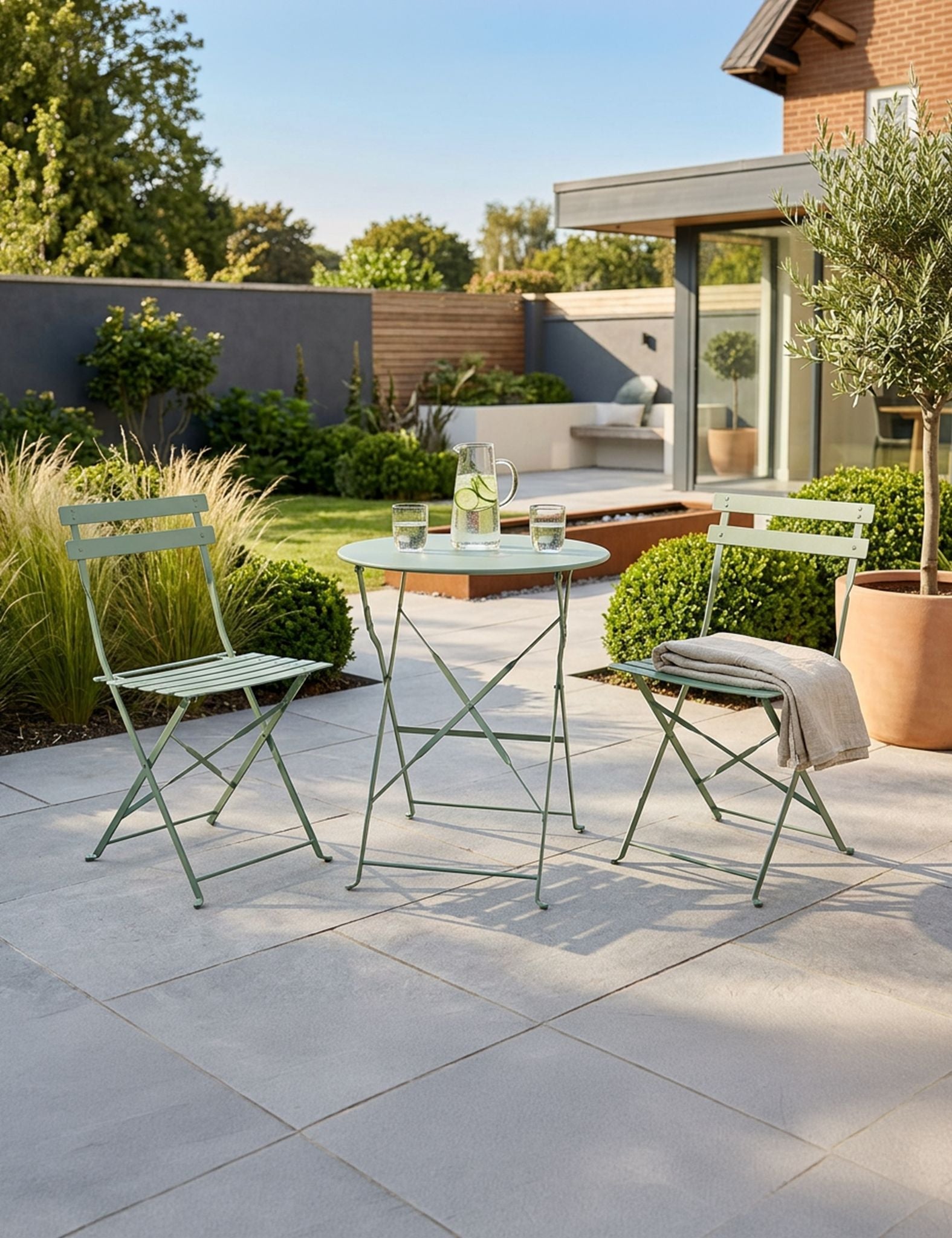 Image of Outdoor patio setting with green metal chairs and table on a stone patio.