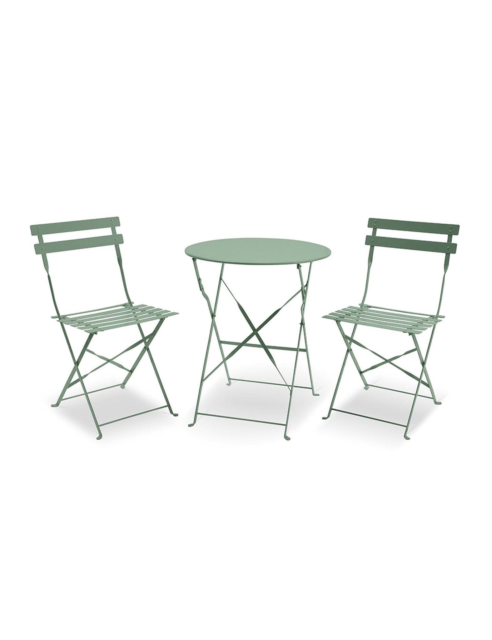 Image of Green metal folding table and chairs on a white background