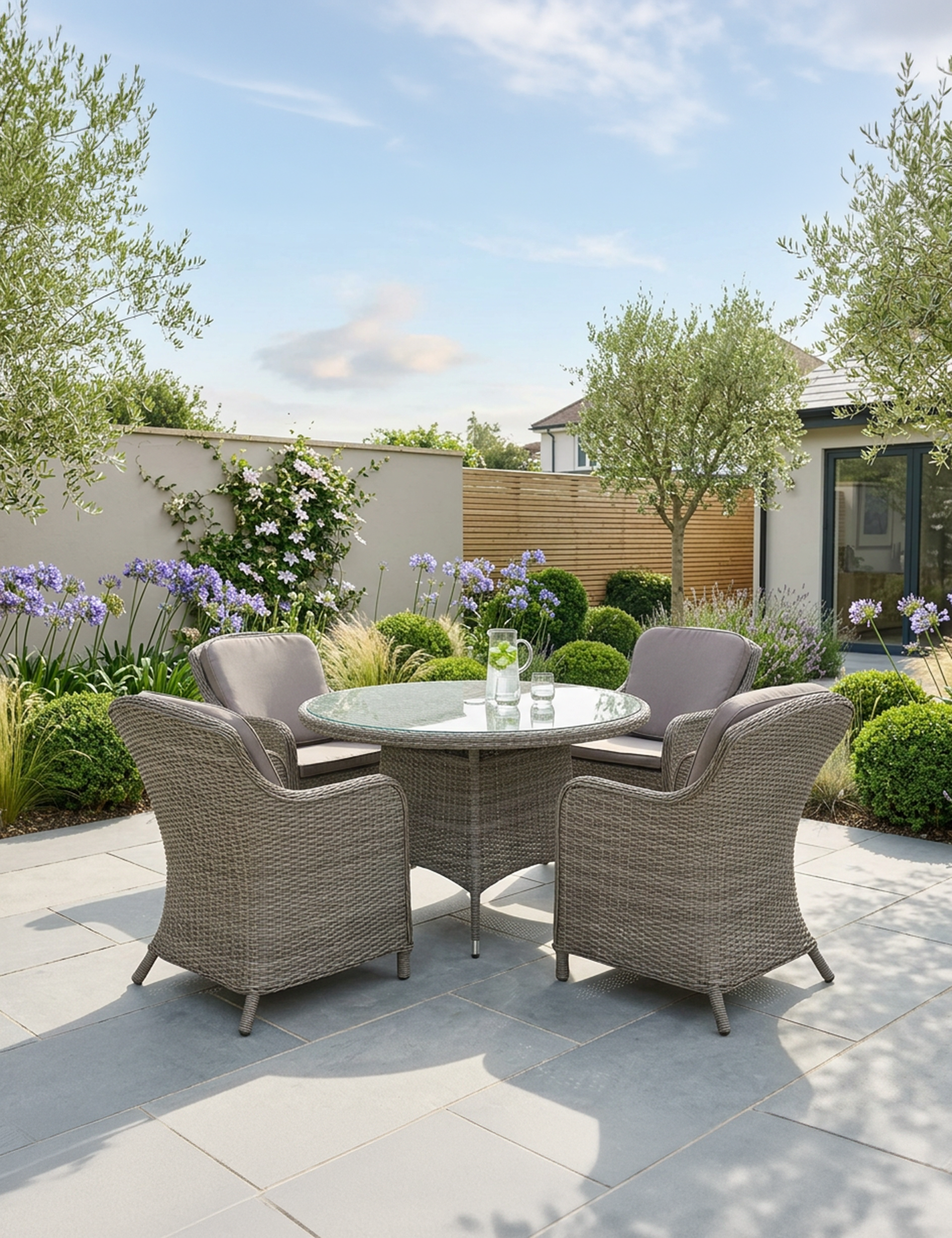 Image of Outdoor patio set with four chairs and a round table in a garden setting.