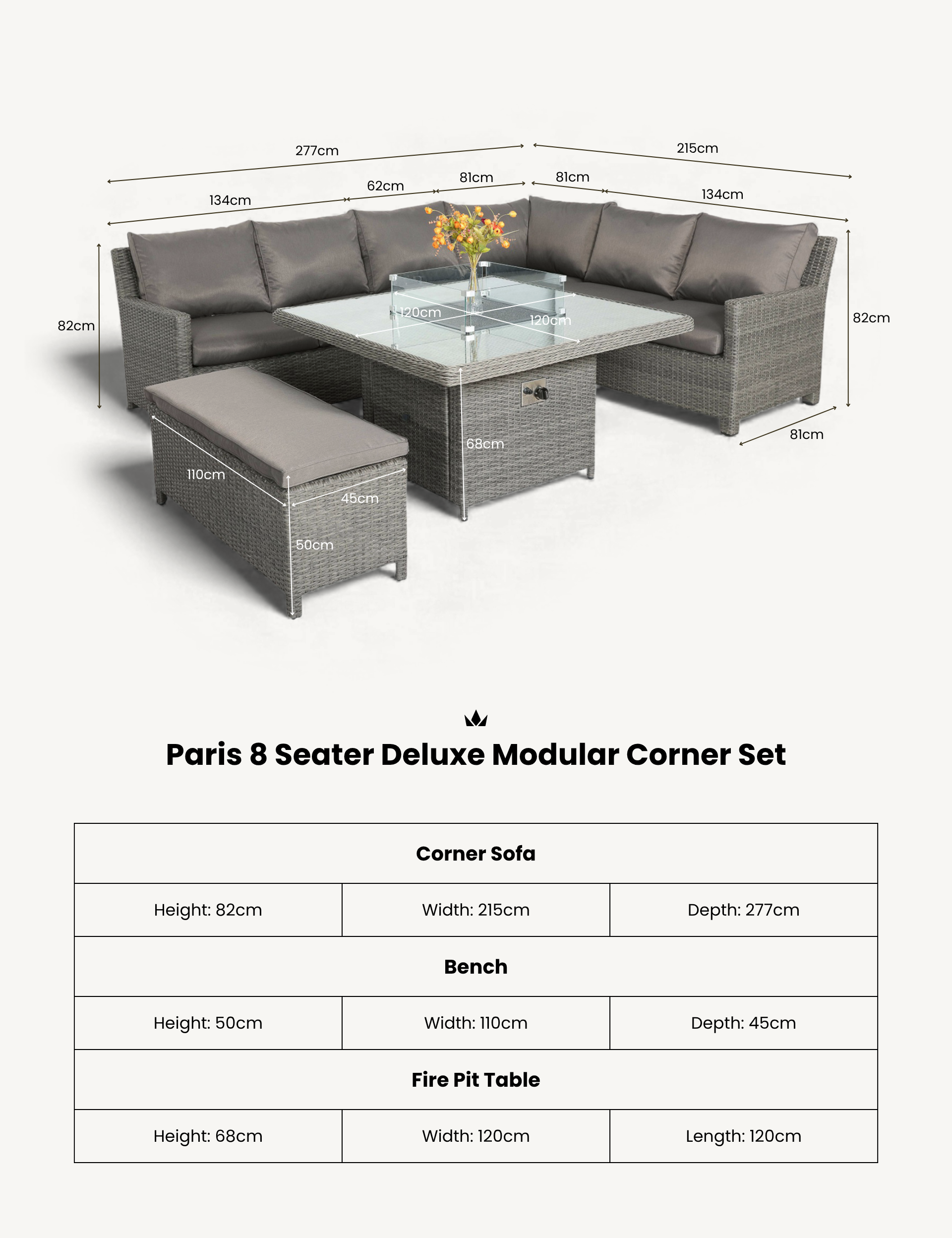 Paris 8 Seater Deluxe Modular Corner Dining &amp; Lounging Set -with Square Fire Pit Table