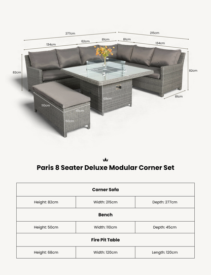 Paris 8 Seater Deluxe Modular Corner Dining &amp; Lounging Set -with Square Fire Pit Table