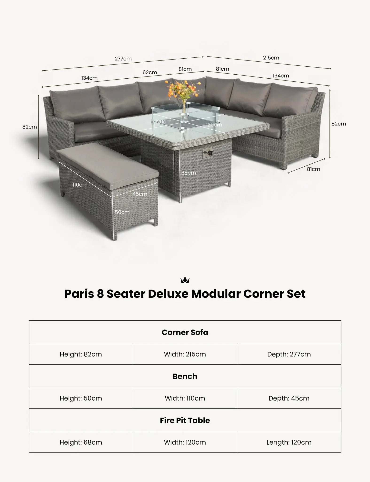 Image of Paris 8 Seater Deluxe Modular Corner Dining & Lounging Set -with Square Fire Pit Table