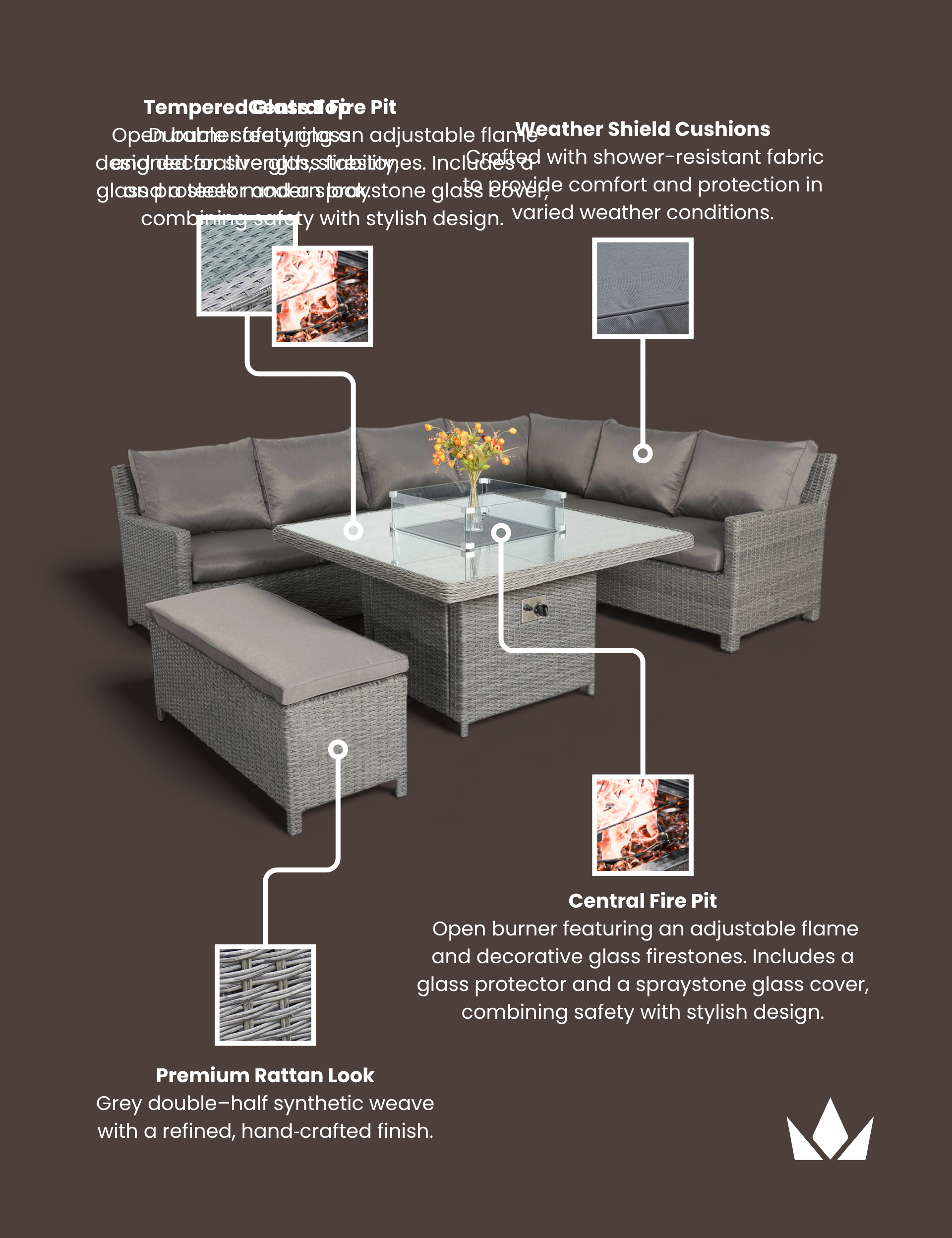 Paris 8 Seater Deluxe Modular Corner Dining &amp; Lounging Set -with Square Fire Pit Table