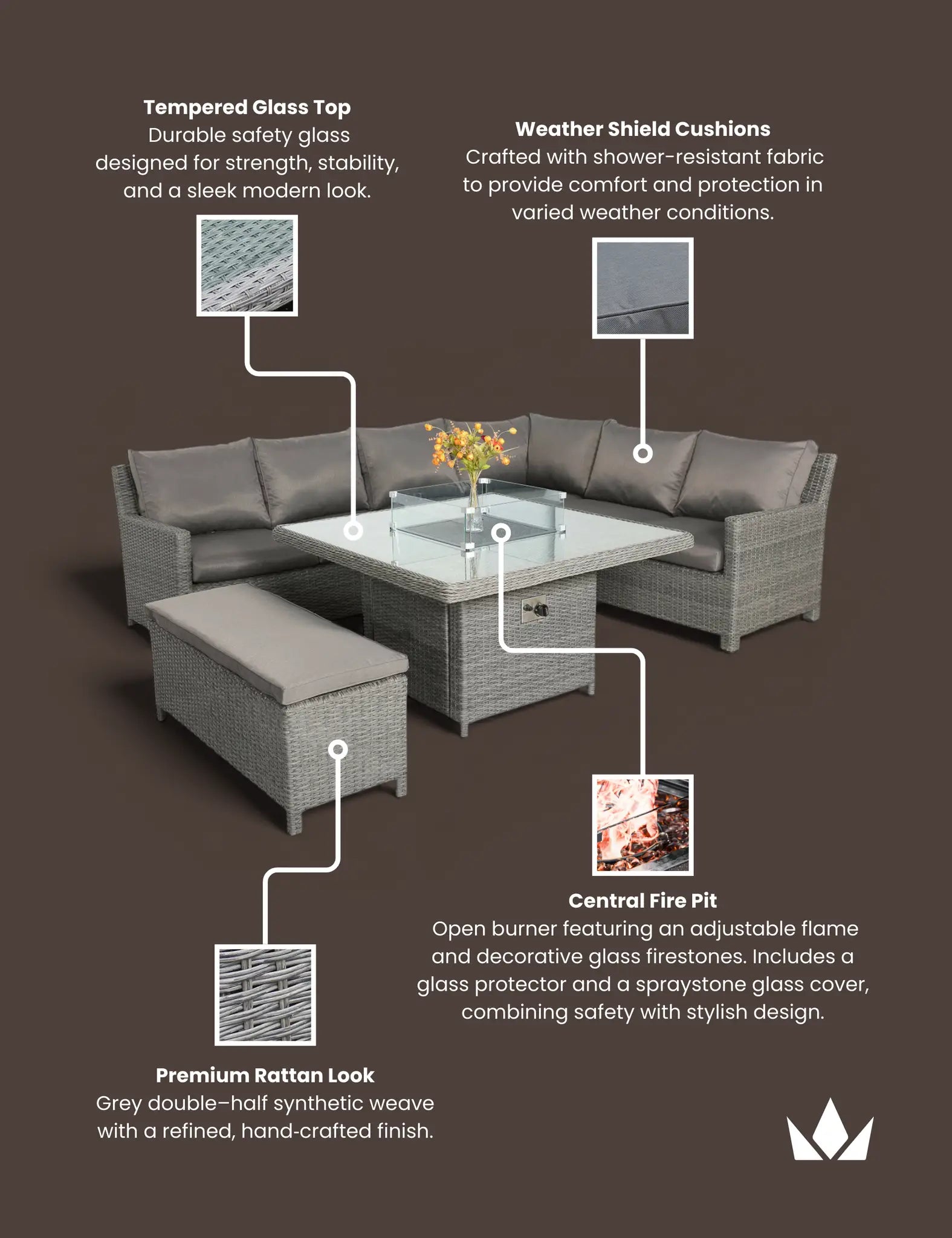 Paris 8 Seater Deluxe Modular Corner Dining & Lounging Set -with Square Fire Pit Table
