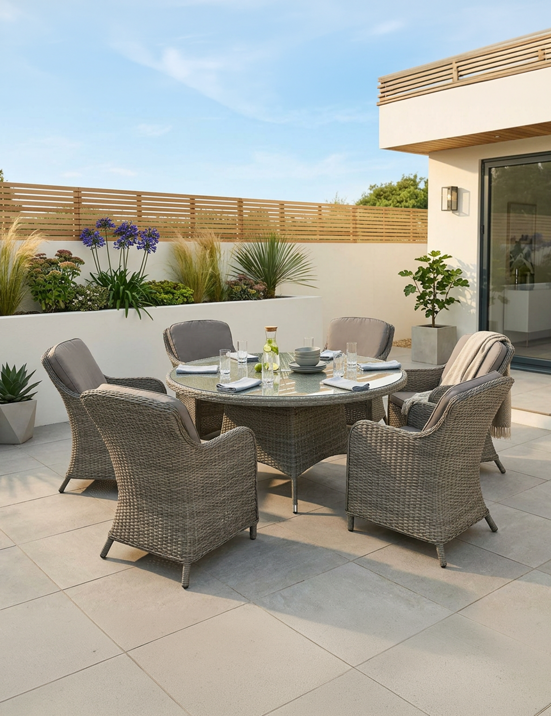 Image of Outdoor patio set with round table and chairs on a sunny day.