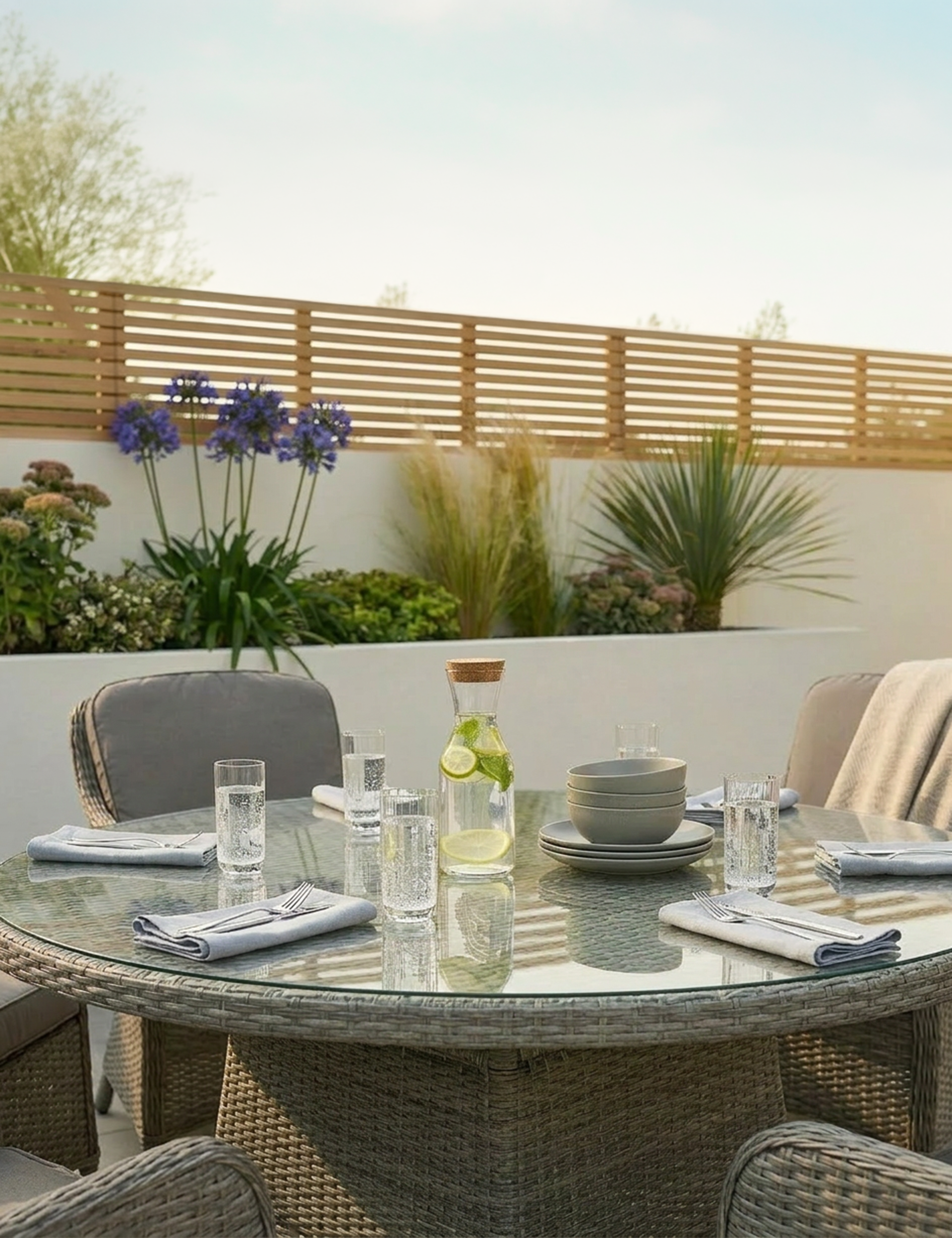 Image of Dining table set for four with glasses, plates, and cutlery on a patio with plants and a wooden fence in the background.