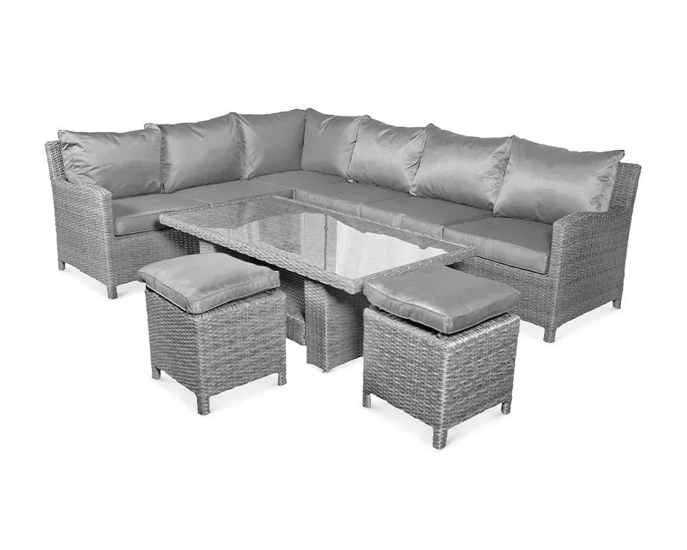 Image of Gray outdoor sectional sofa set with cushions and ottomans on a white background