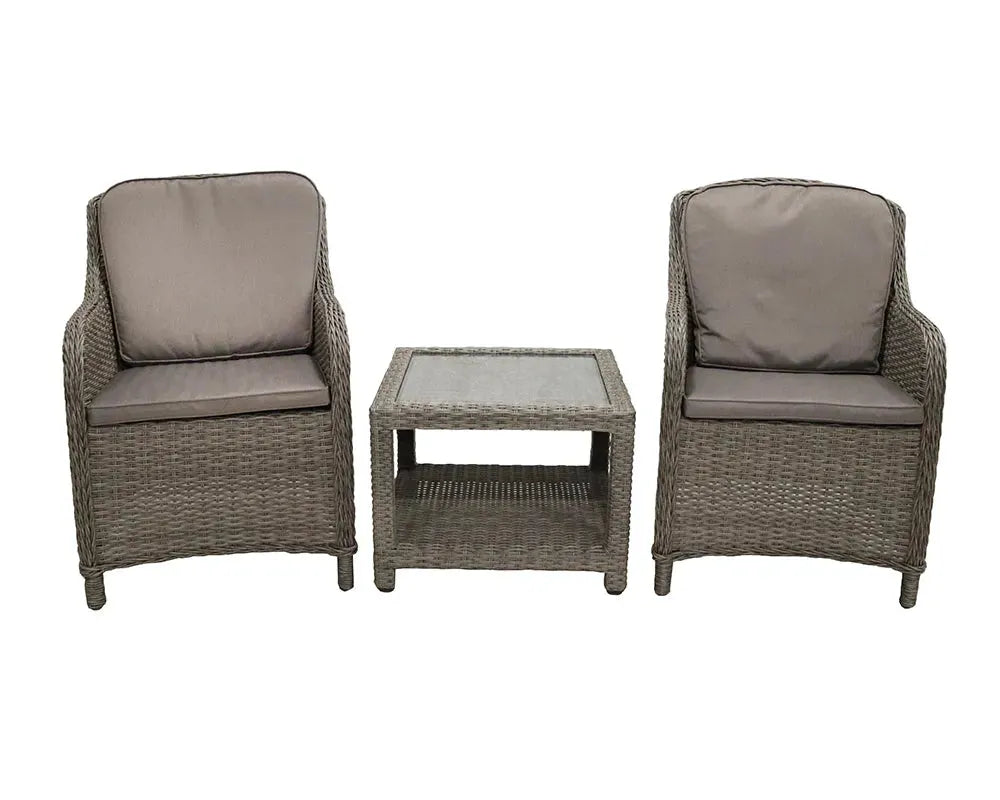 Image of A 3-piece outdoor patio furniture set featuring two armchairs with taupe cushions and a matching square coffee table with a glass top, all in a gray Rattan weave.