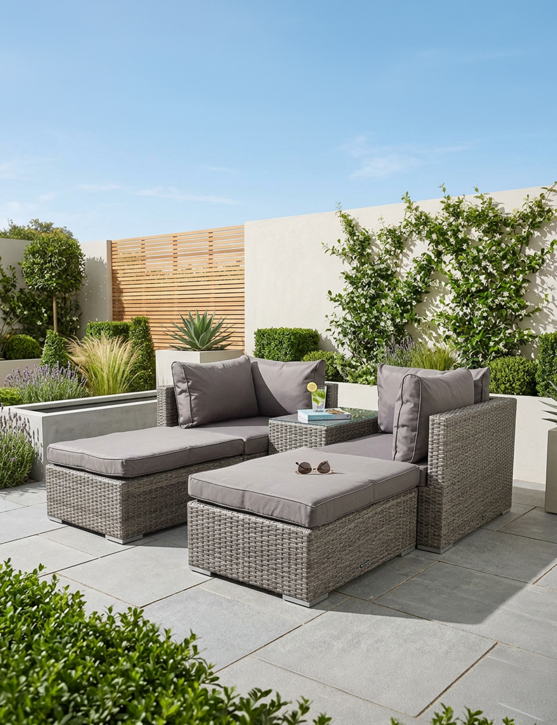 Image of Outdoor patio set with grey cushions on a stone patio, surrounded by greenery.