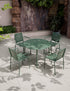 Olive green outdoor dining set with table and four chairs