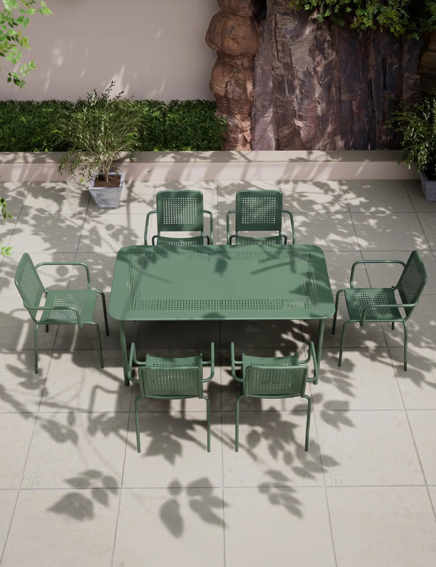 Image of Olive green outdoor dining set with rectangular table and six chairs