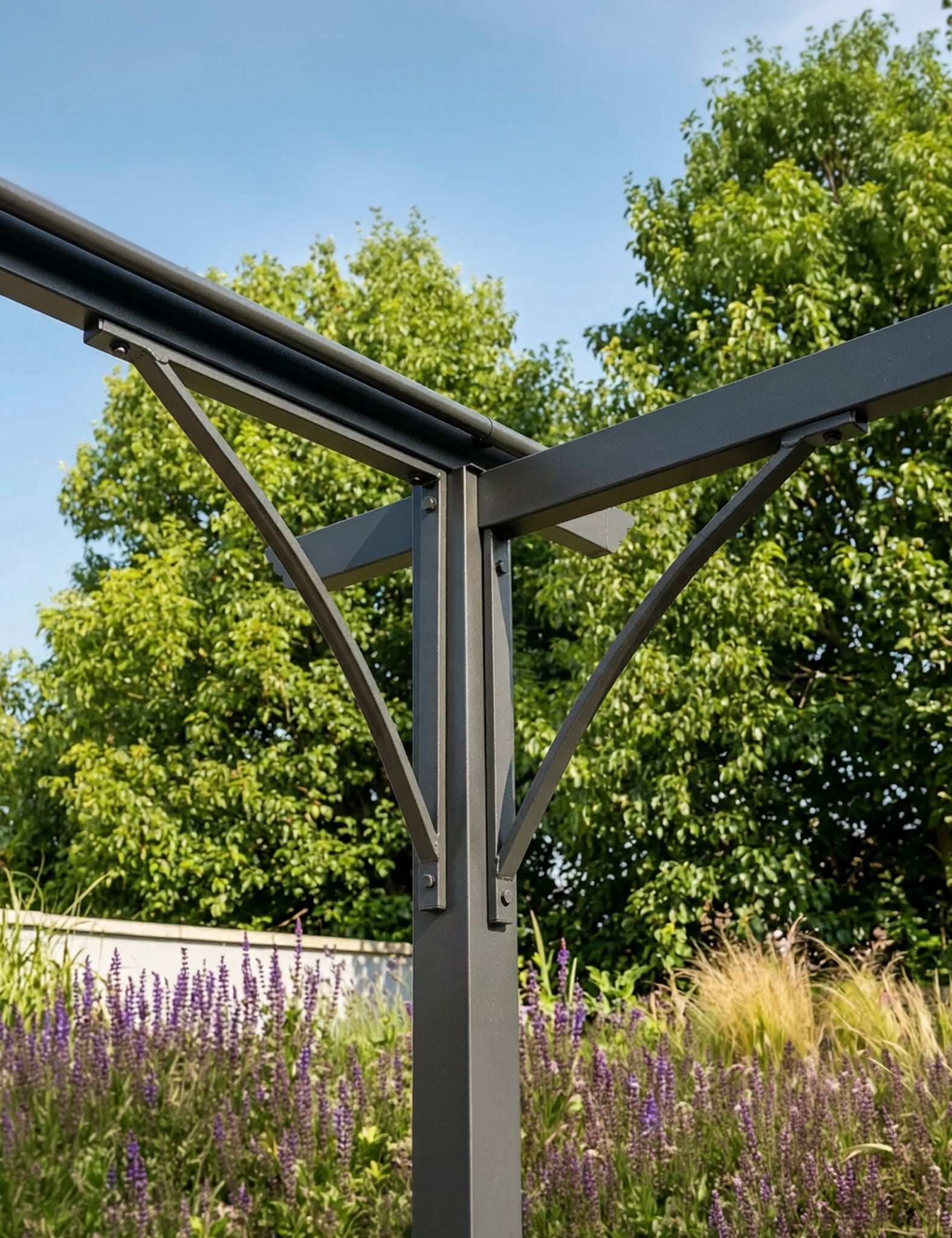 Image of Metal pergola structure with trees and flowers in the background